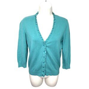 ANN TAYLOR LOFT TURQUOISE GREEN RUFFLE FRONT CARDI SWEATER - S